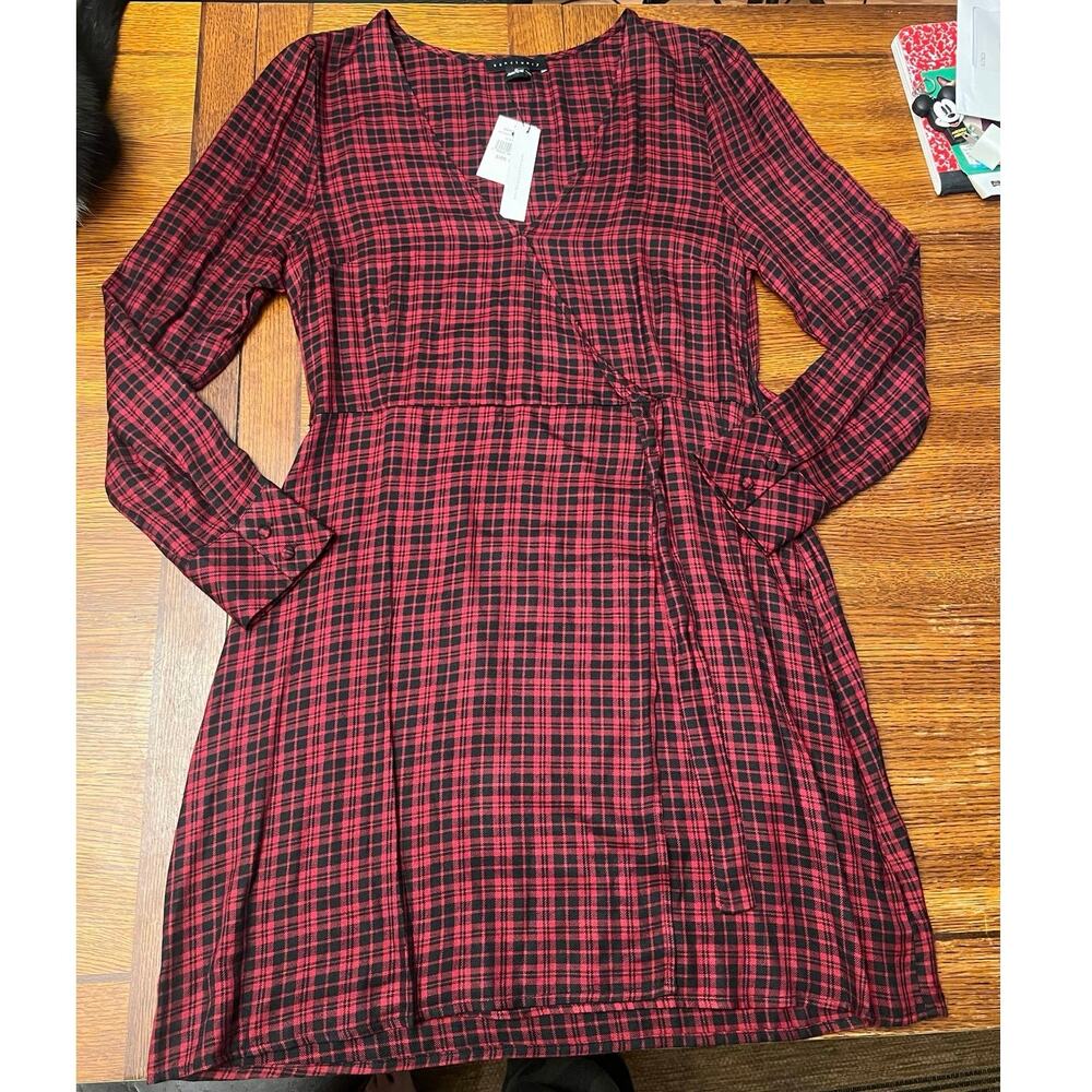 NWT Sanctuary Anthropologie Red Black Plaid Wrap Long Sleeve Dress Sz 10 - Picture 11 of 16